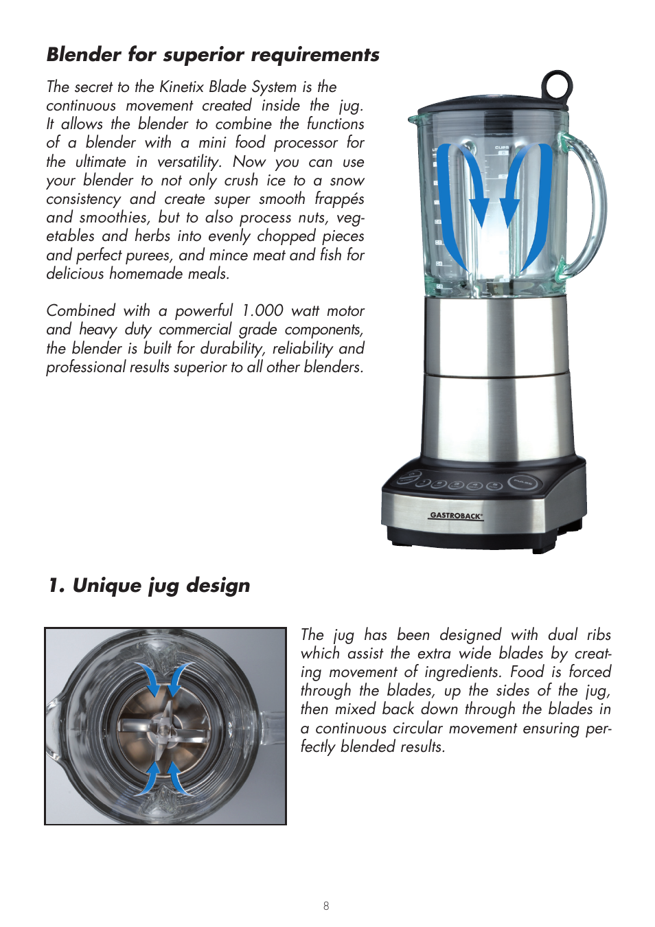 Blender for superior requirements, Unique jug design | Gastroback 41000 Design Mixer Advanced User Manual | Page 8 / 44