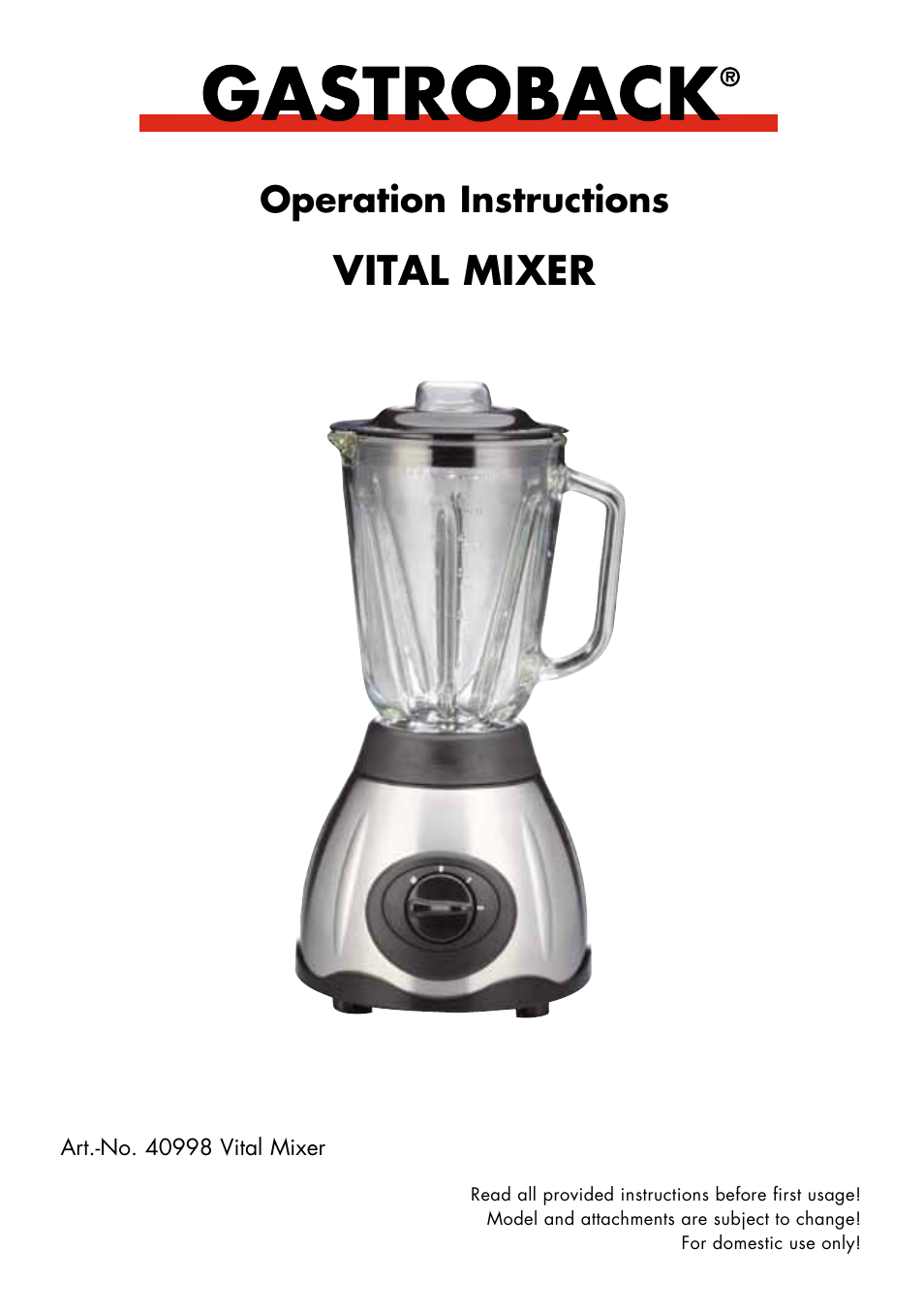 Gastroback 40998 Vital Mixer User Manual | 15 pages