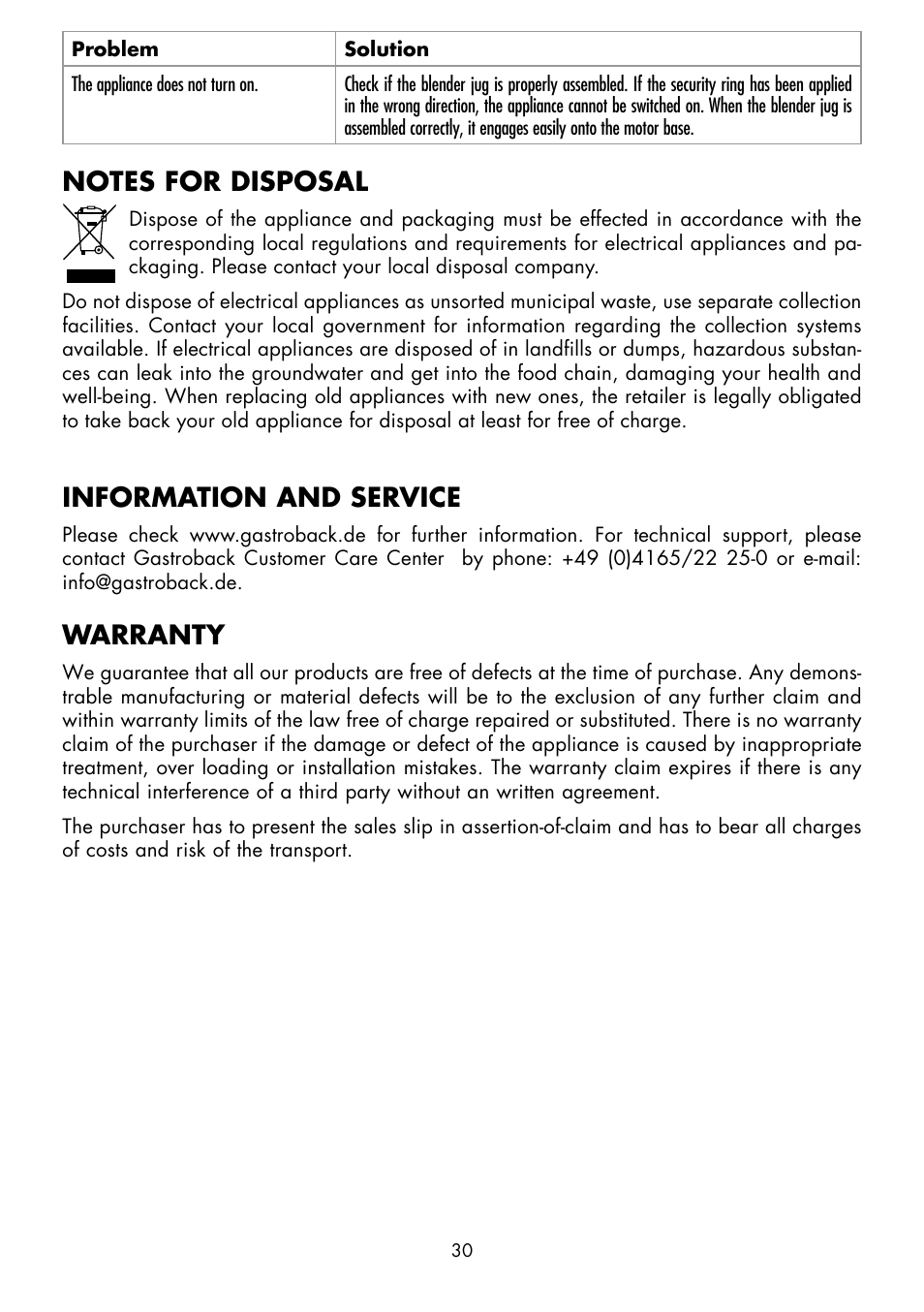 Information and service, Warranty | Gastroback 40998 Vital Mixer User Manual | Page 14 / 15