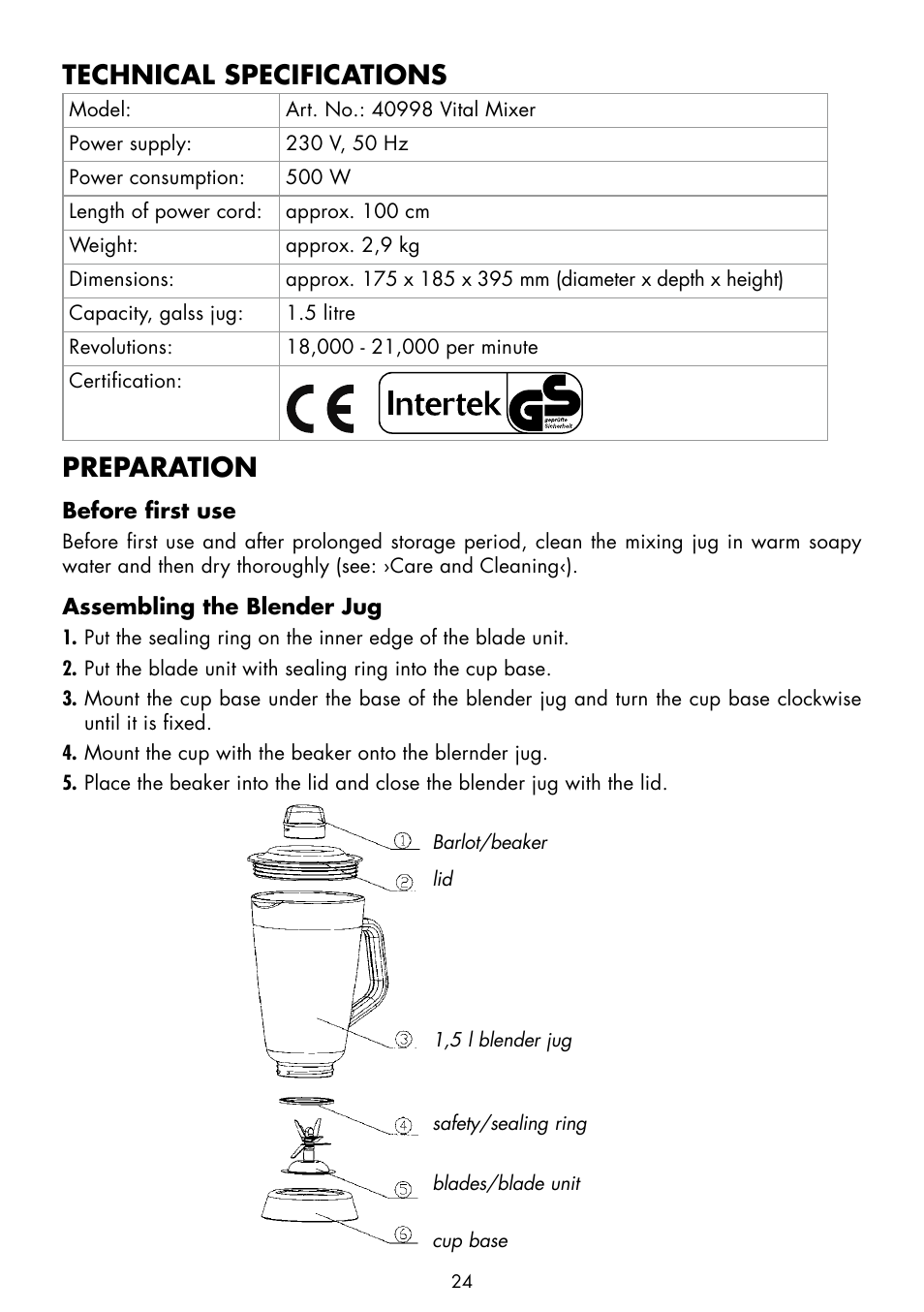 Technical specifications, Preparation | Gastroback 40998 Vital Mixer User Manual | Page 8 / 15