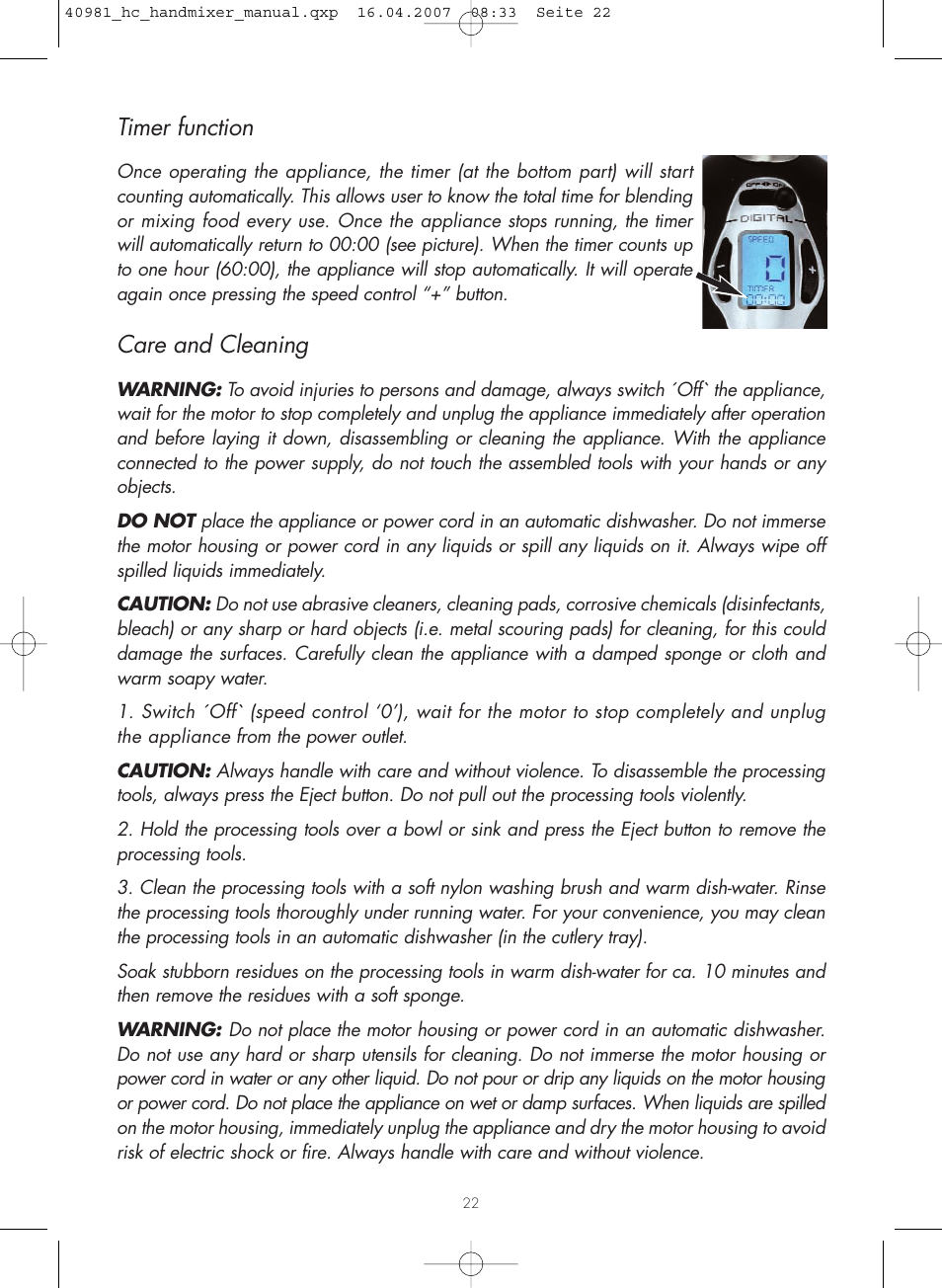 Timer function, Care and cleaning | Gastroback 40981 Hand Mixer Digital Home Culture User Manual | Page 10 / 12