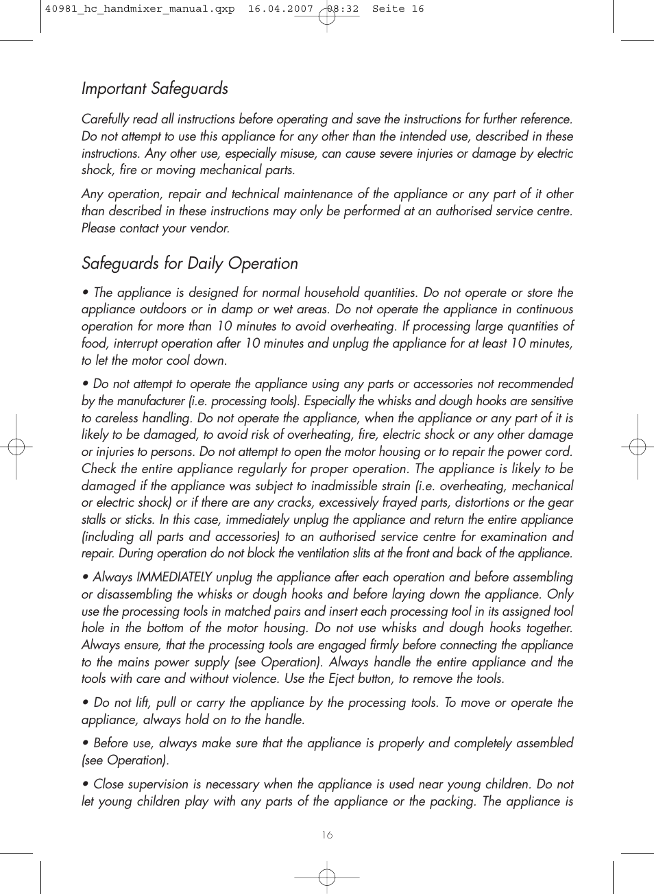 Important safeguards, Safeguards for daily operation | Gastroback 40981 Hand Mixer Digital Home Culture User Manual | Page 4 / 12