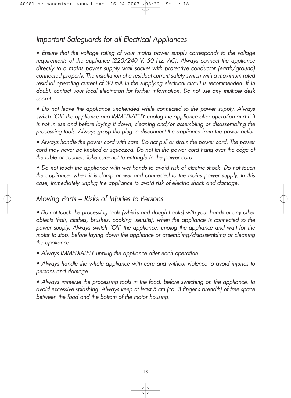 Important safeguards for all electrical appliances, Moving parts – risks of injuries to persons | Gastroback 40981 Hand Mixer Digital Home Culture User Manual | Page 6 / 12