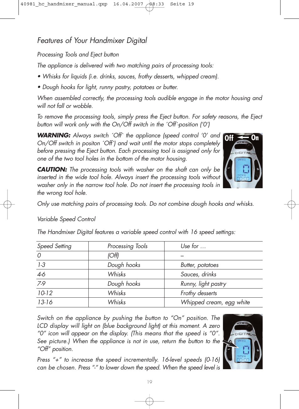 Features of your handmixer digital, Off on | Gastroback 40981 Hand Mixer Digital Home Culture User Manual | Page 7 / 12