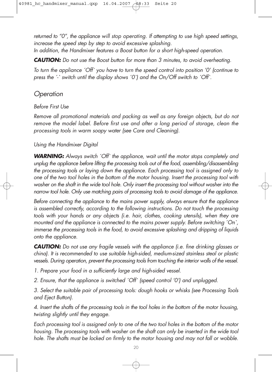 Operation | Gastroback 40981 Hand Mixer Digital Home Culture User Manual | Page 8 / 12