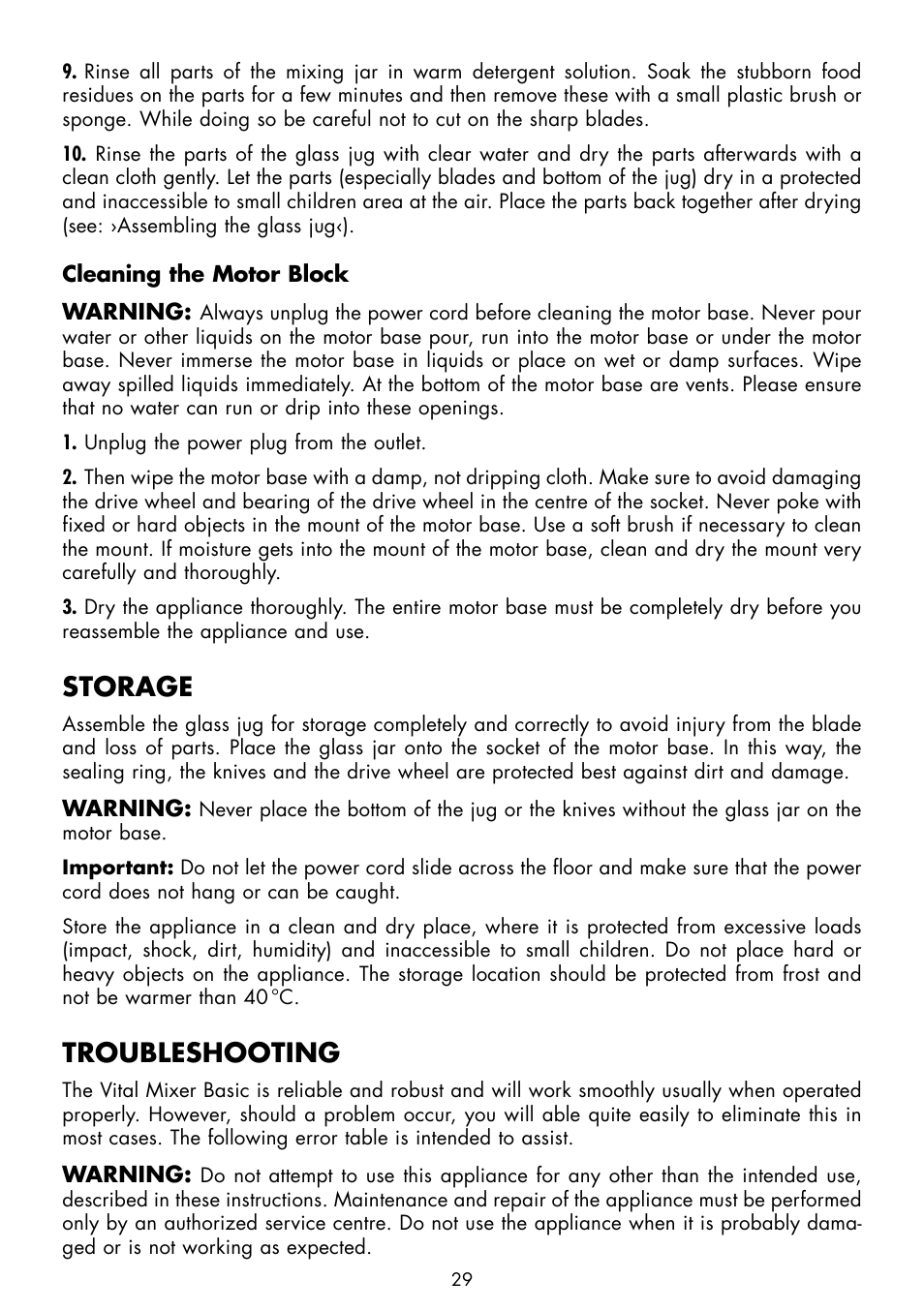 Storage, Troubleshooting | Gastroback 40898 Vital Mixer Basic User Manual | Page 13 / 16