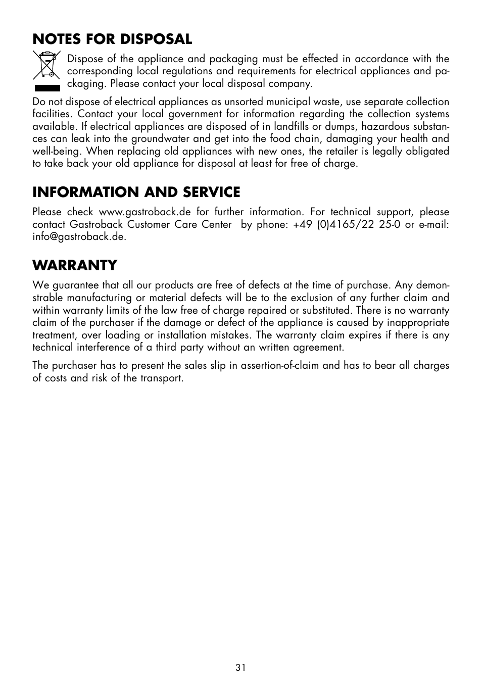 Information and service, Warranty | Gastroback 40898 Vital Mixer Basic User Manual | Page 15 / 16
