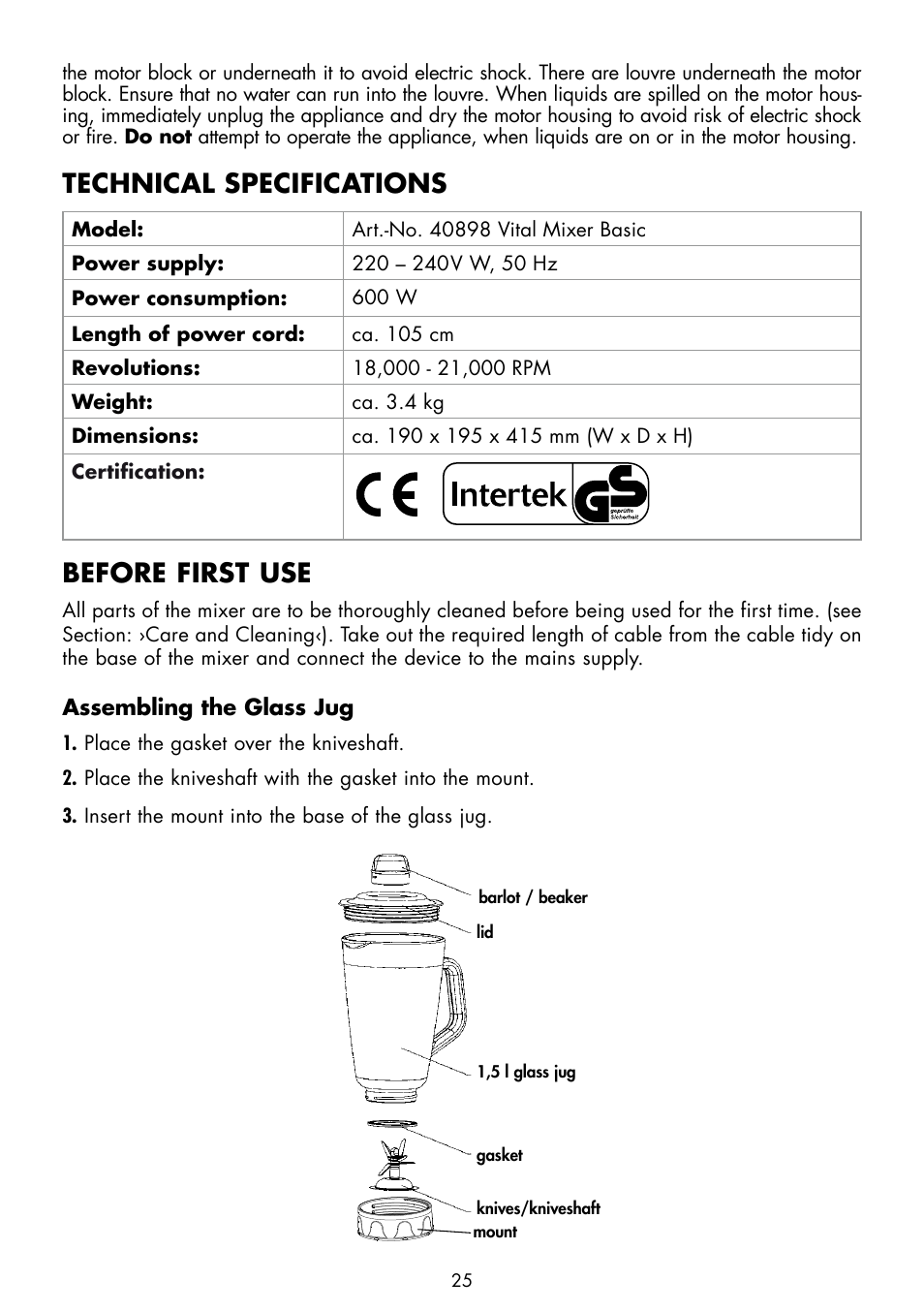 Technical specifications, Before first use | Gastroback 40898 Vital Mixer Basic User Manual | Page 9 / 16