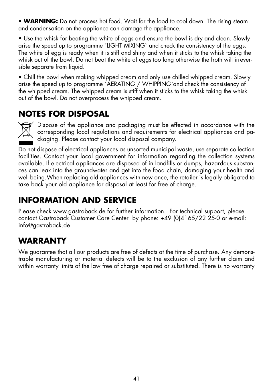 Information and service, Warranty | Gastroback 40979 Design Stand Mixer Advanced Pro User Manual | Page 13 / 24