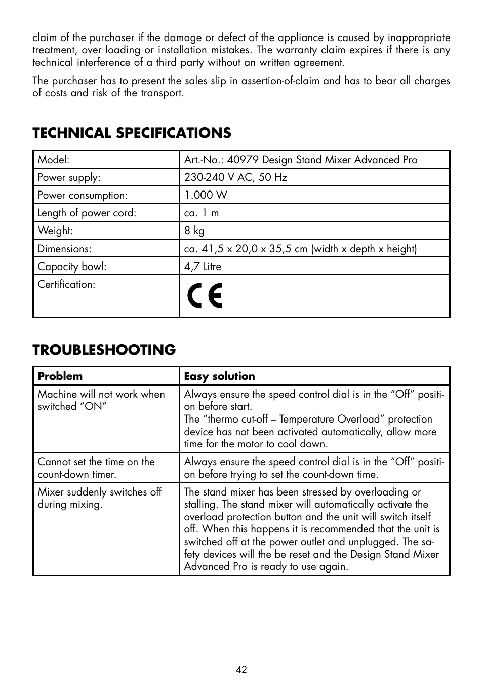 Technical specifications, Troubleshooting | Gastroback 40979 Design Stand Mixer Advanced Pro User Manual | Page 14 / 24