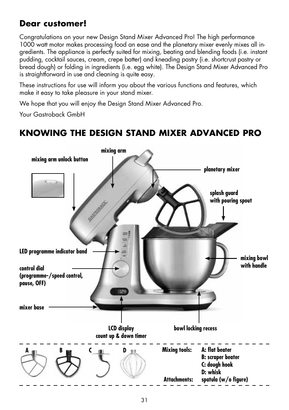 Dear customer, Knowing the design stand mixer advanced pro | Gastroback 40979 Design Stand Mixer Advanced Pro User Manual | Page 3 / 24