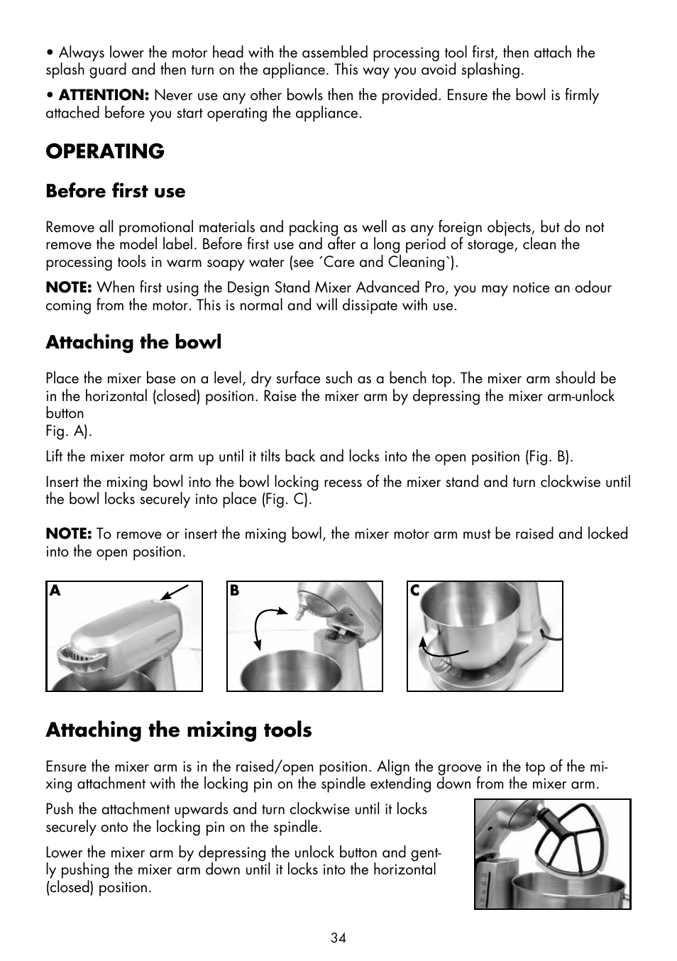 Operating, Attaching the mixing tools | Gastroback 40979 Design Stand Mixer Advanced Pro User Manual | Page 6 / 24