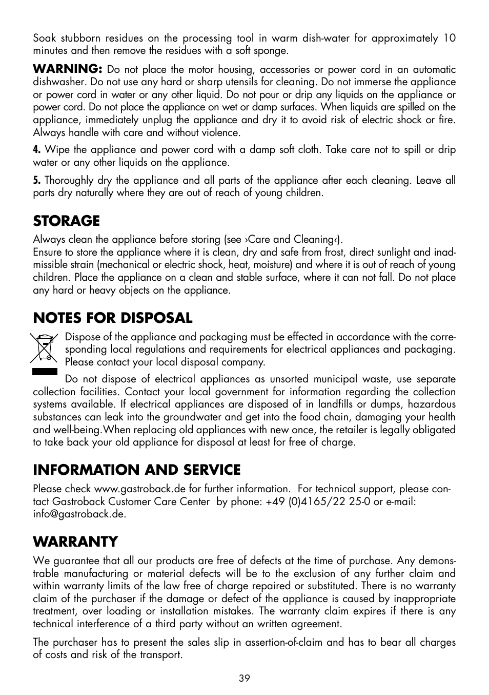 Storage, Information and service, Warranty | Gastroback 40969 Design Stand Mixer Advanced User Manual | Page 13 / 22