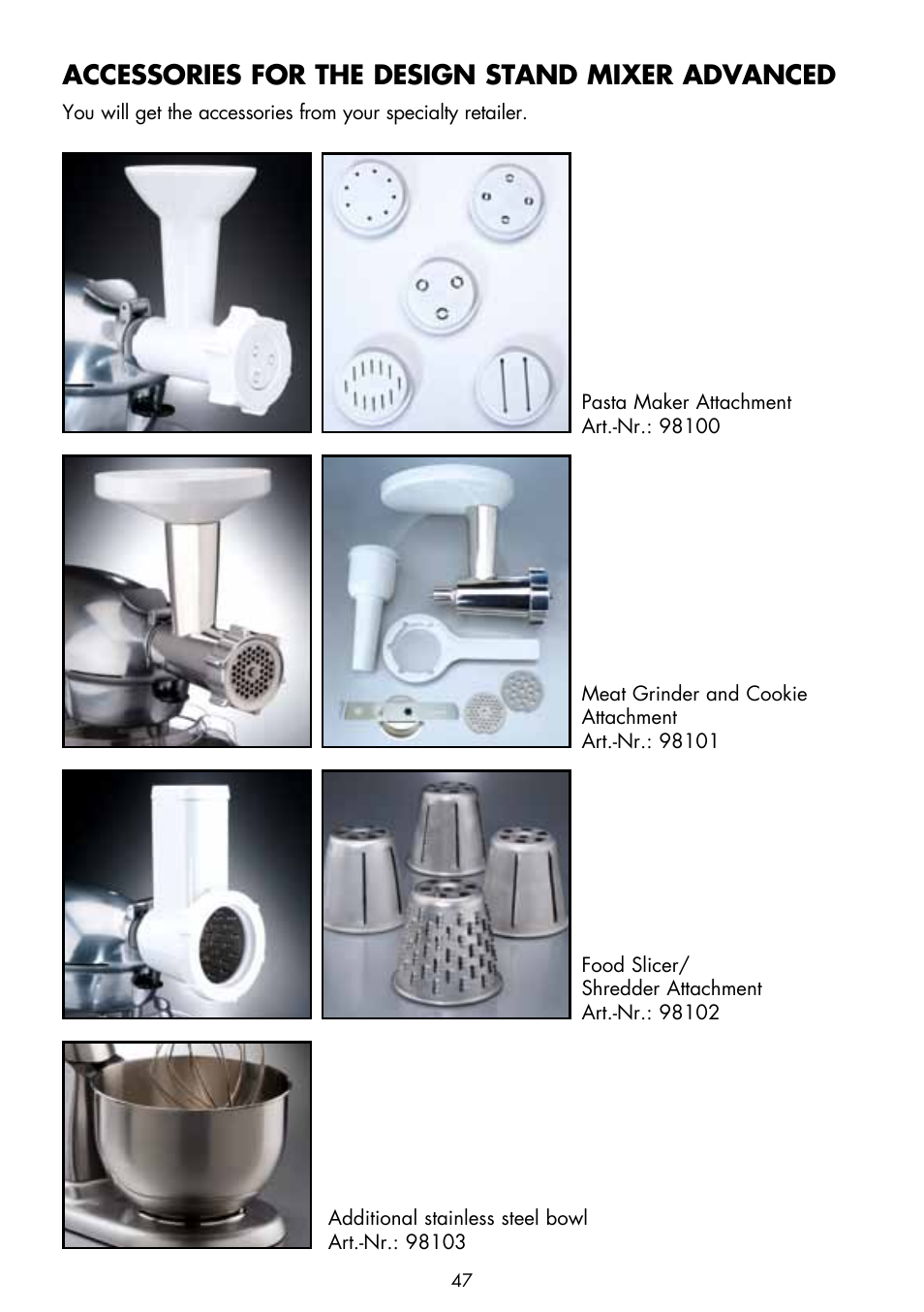 Accessories for the design stand mixer advanced | Gastroback 40969 Design Stand Mixer Advanced User Manual | Page 21 / 22