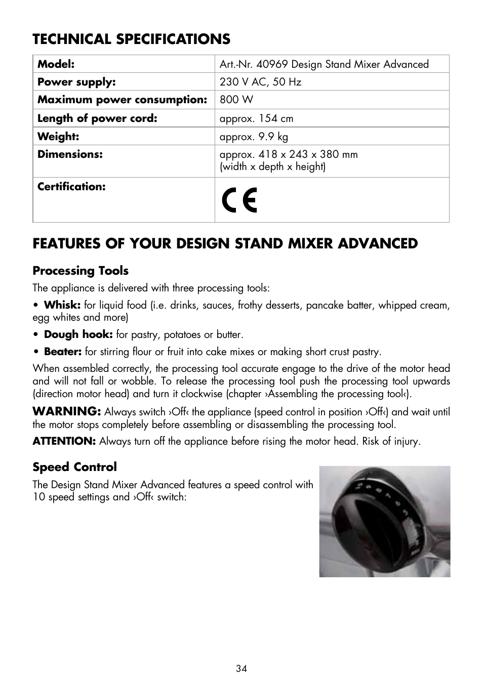 Technical specifications, Features of your design stand mixer advanced | Gastroback 40969 Design Stand Mixer Advanced User Manual | Page 8 / 22