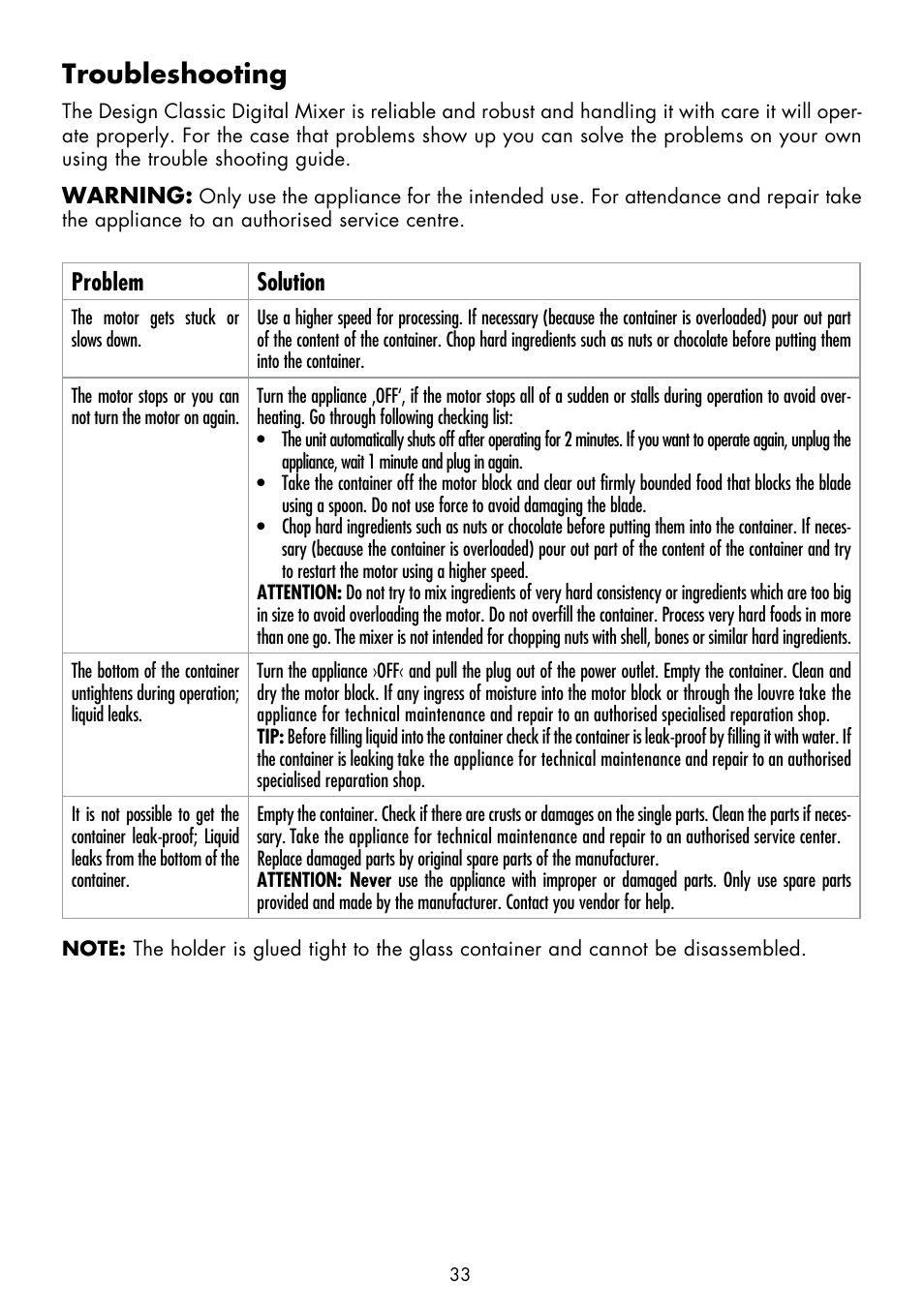 Troubleshooting, Problem solution | Gastroback 40985 Design Classic Digital Mixer User Manual | Page 15 / 16