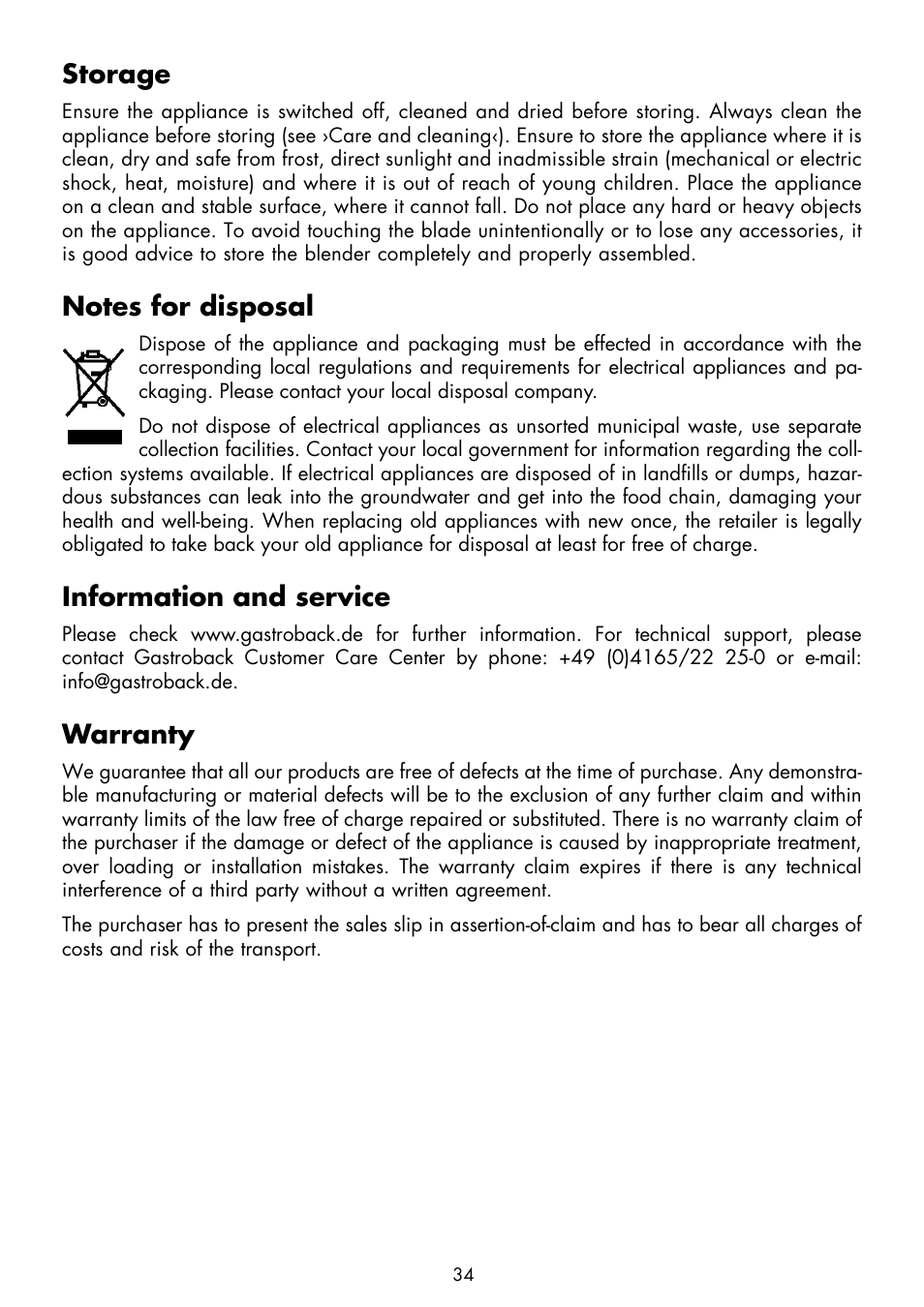 Storage, Information and service, Warranty | Gastroback 40985 Design Classic Digital Mixer User Manual | Page 16 / 16
