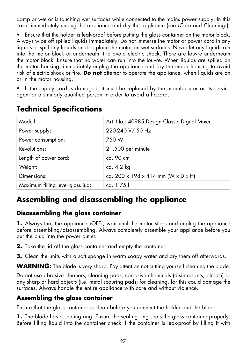 Technical specifications, Assembling and disassembling the appliance | Gastroback 40985 Design Classic Digital Mixer User Manual | Page 9 / 16