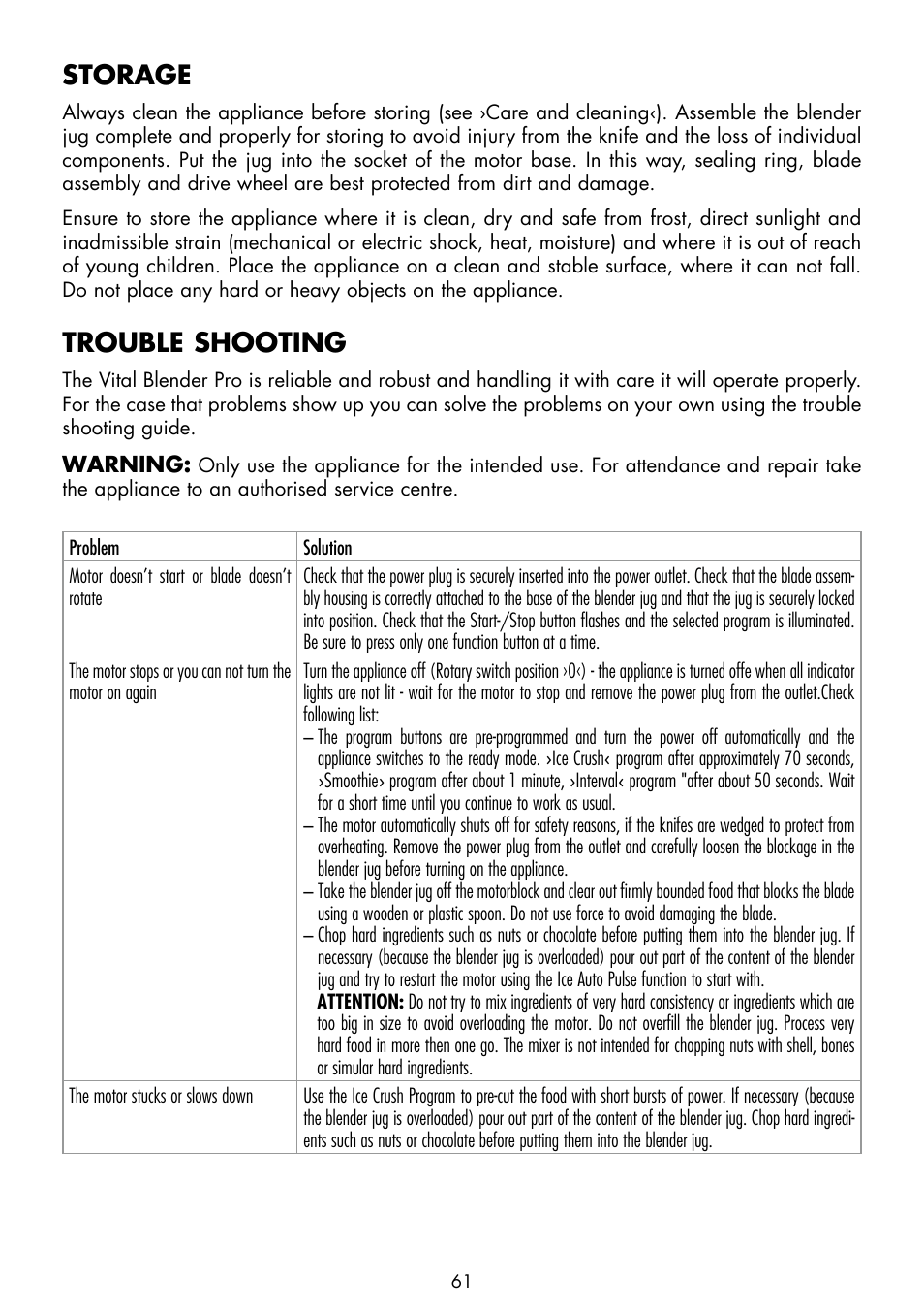 Storage, Trouble shooting | Gastroback 40986 Vital Mixer Pro User Manual | Page 21 / 36
