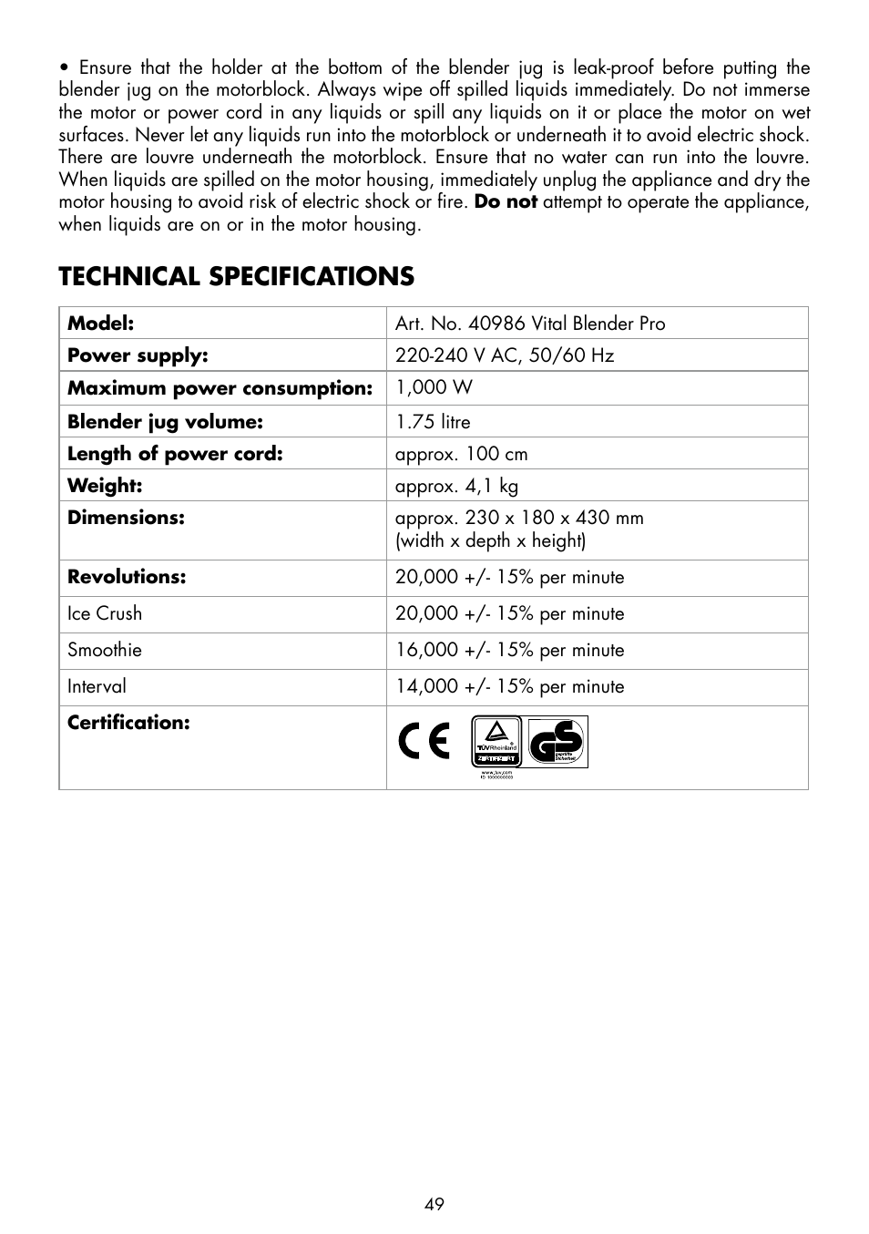 Technical specifications | Gastroback 40986 Vital Mixer Pro User Manual | Page 9 / 36