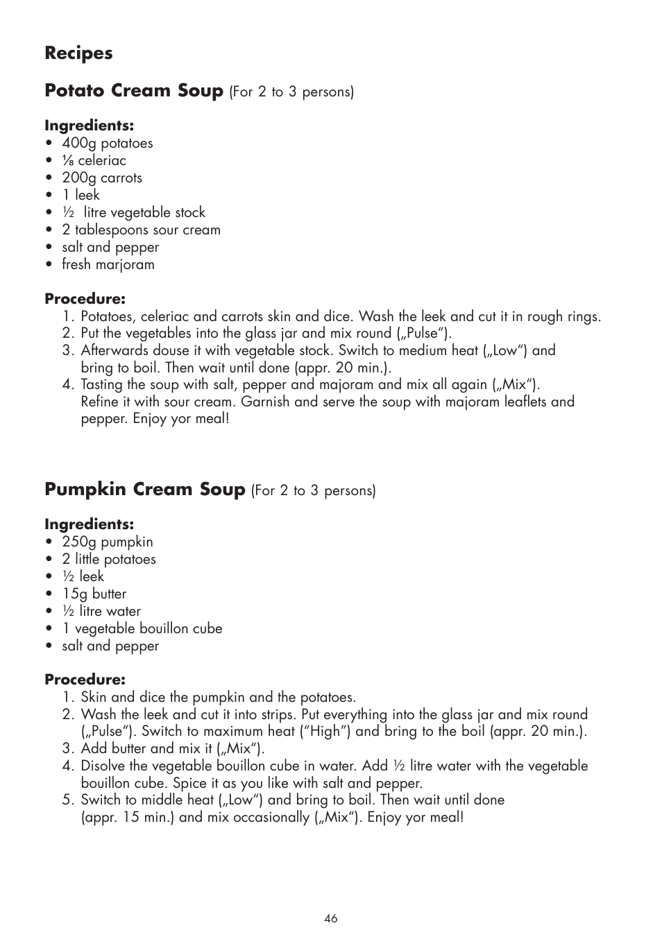 Recipes, Potato cream soup, Pumpkin cream soup | Gastroback 41019 - Cook & Mix User Manual | Page 18 / 28