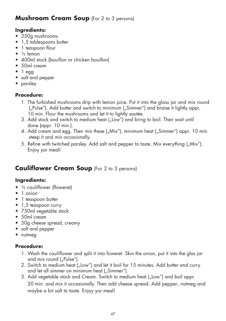 Mushroom cream soup, Cauliflower cream soup | Gastroback 41019 - Cook & Mix User Manual | Page 19 / 28