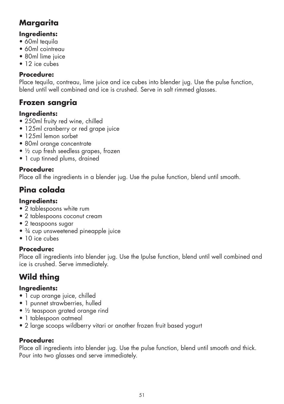 Margarita, Frozen sangria, Pina colada | Wild thing | Gastroback 41019 - Cook & Mix User Manual | Page 23 / 28