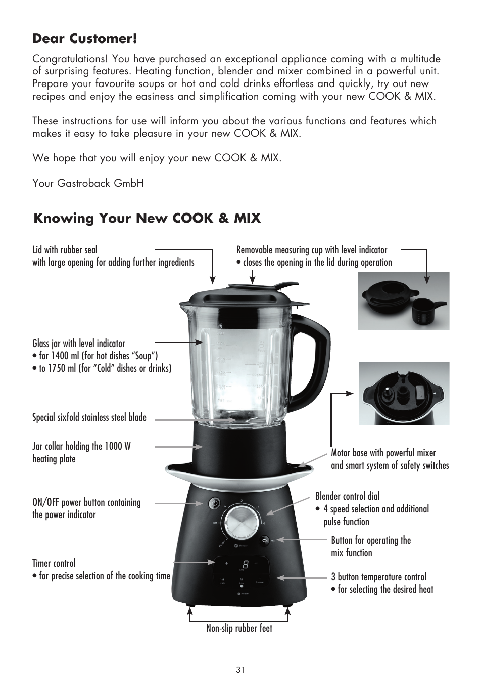 Dear customer, Knowing your new cook & mix | Gastroback 41019 - Cook & Mix User Manual | Page 3 / 28