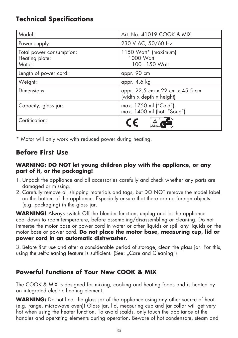 Technical specifications, Before first use | Gastroback 41019 - Cook & Mix User Manual | Page 7 / 28