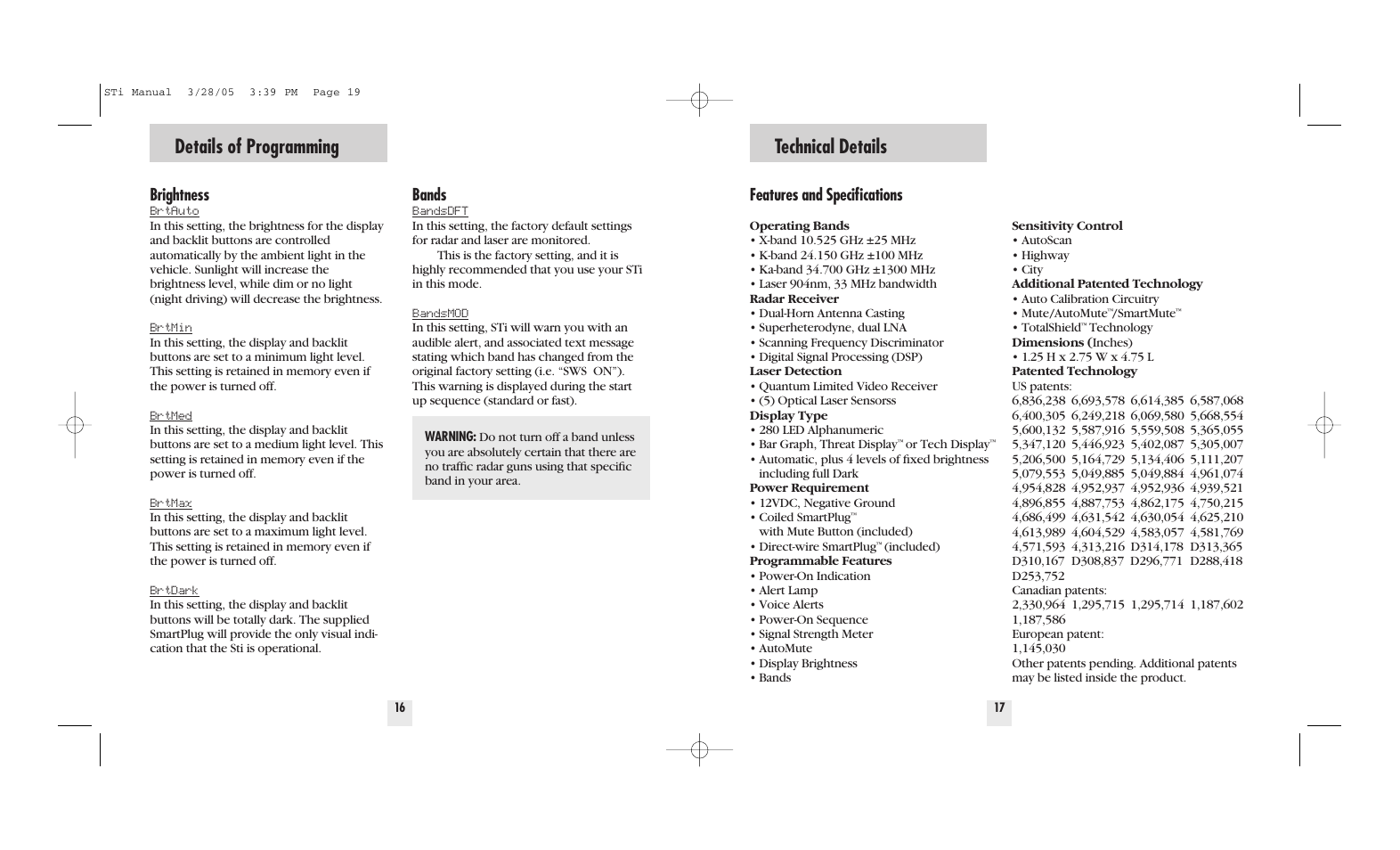 Details of programming, Technical details, Brightness | Features and specifications, Bands | Beltronics STi DRIVER User Manual | Page 10 / 16