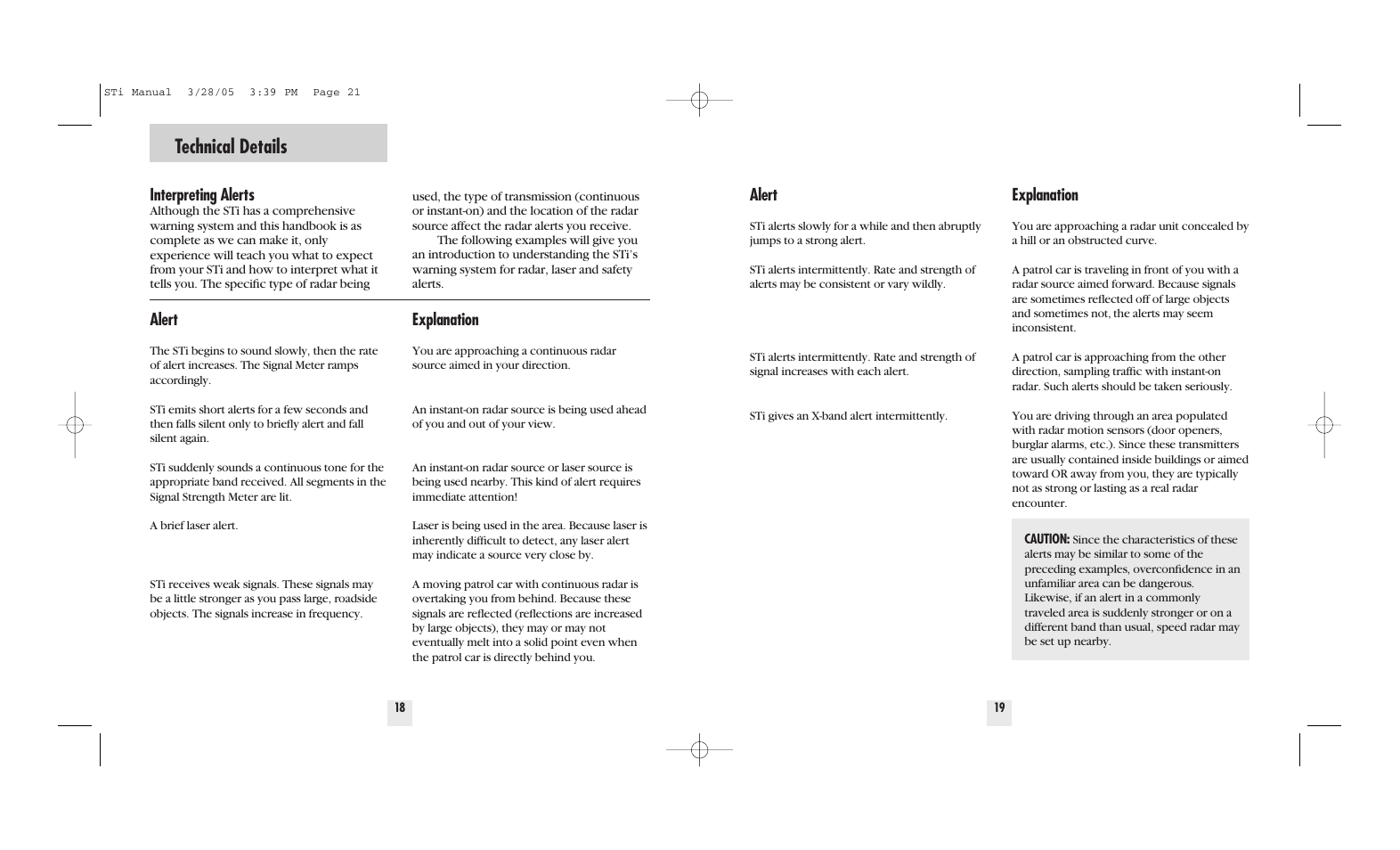 Technical details, Interpreting alerts, Explanation | Alert | Beltronics STi DRIVER User Manual | Page 11 / 16