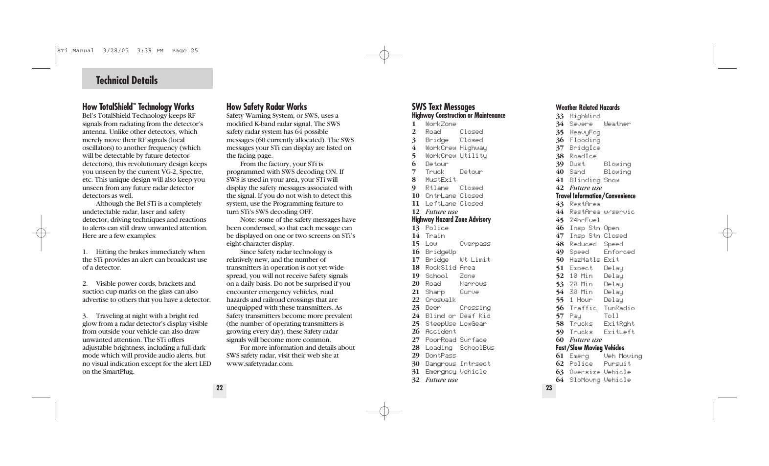 Technical details, How totalshield, Technology works | How safety radar works, Sws text messages | Beltronics STi DRIVER User Manual | Page 13 / 16