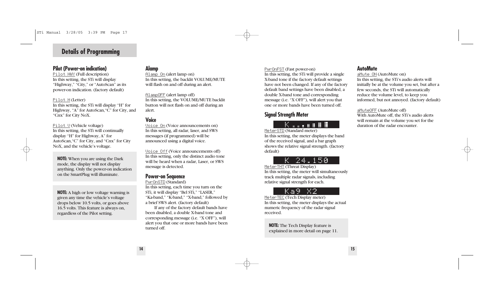 Details of programming, Pilot (power-on indication), Alamp | Voice, Power-on sequence, Signal strength meter, Automute | Beltronics STi DRIVER User Manual | Page 9 / 16