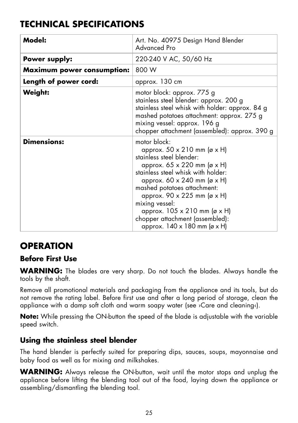 Technical specifications, Operation | Gastroback 40975 Design Hand Blender Advanced Pro User Manual | Page 8 / 17
