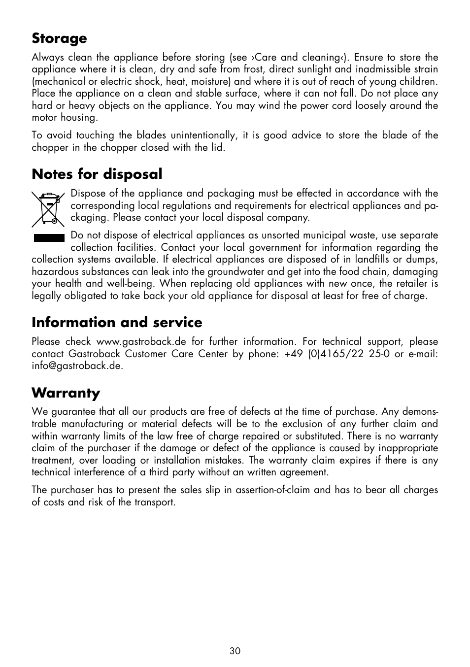 Storage, Information and service, Warranty | Gastroback 40974 Design Hand Blender Advanced User Manual | Page 14 / 14
