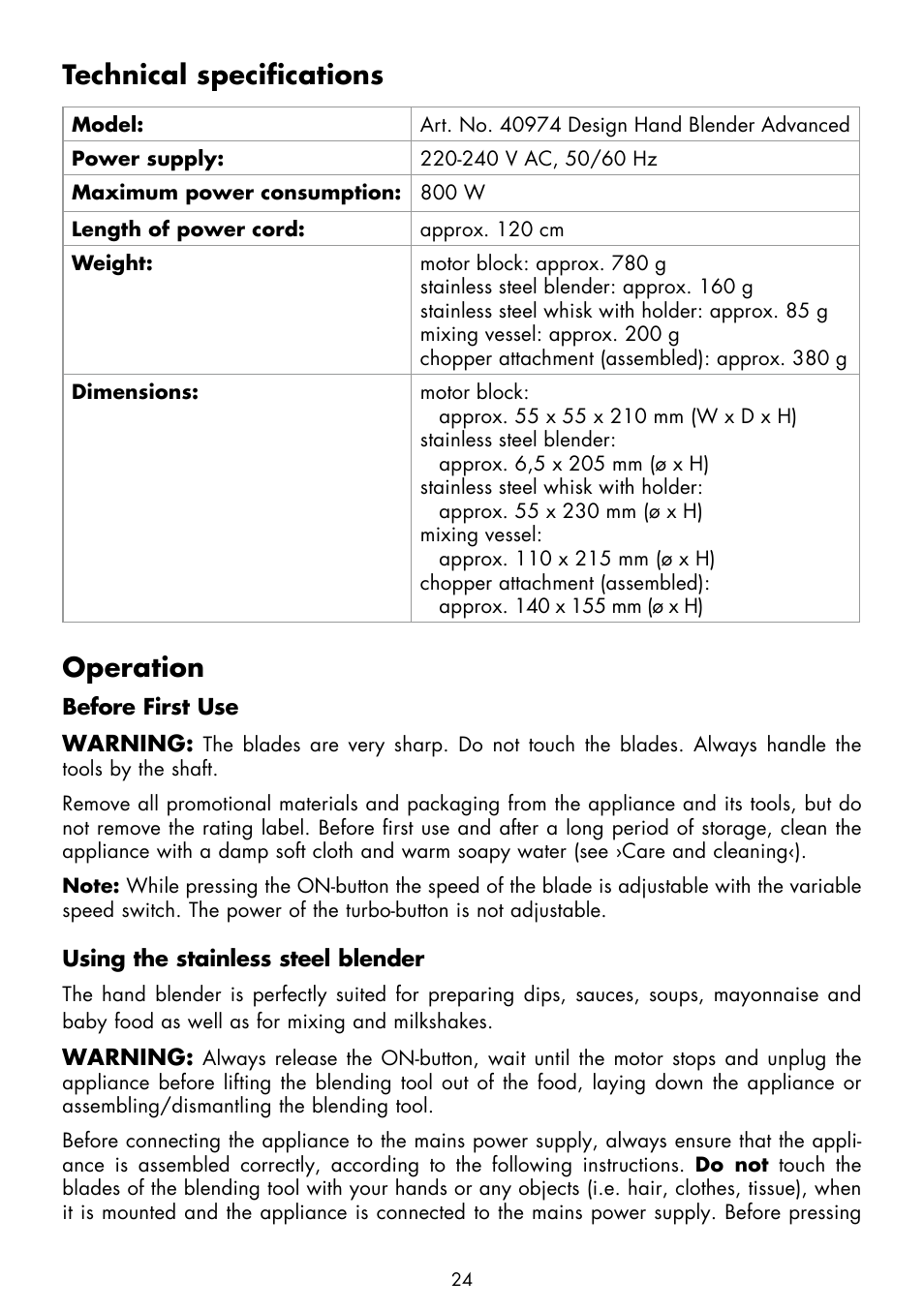 Technical specifications, Operation | Gastroback 40974 Design Hand Blender Advanced User Manual | Page 8 / 14
