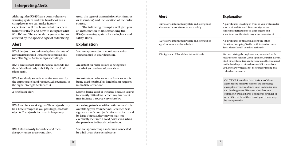 Interpreting alerts, Explanation, Alert | Beltronics RX45 User Manual | Page 10 / 16