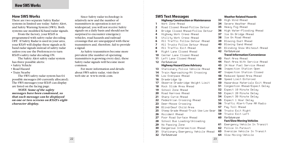 How sws works, Sws text messages | Beltronics RX45 User Manual | Page 13 / 16
