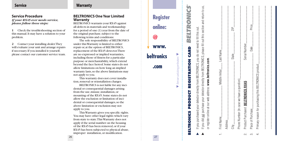 Warranty service | Beltronics RX45 User Manual | Page 15 / 16