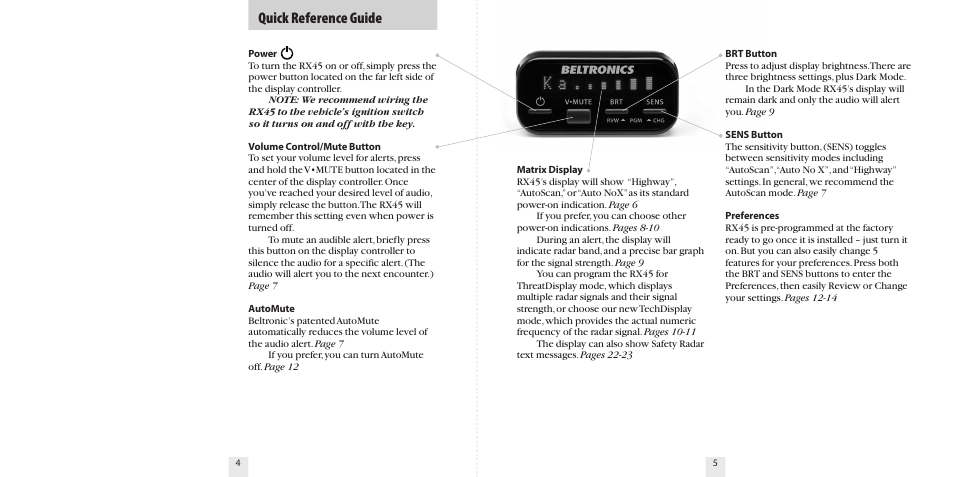 Quick reference guide | Beltronics RX45 User Manual | Page 4 / 16