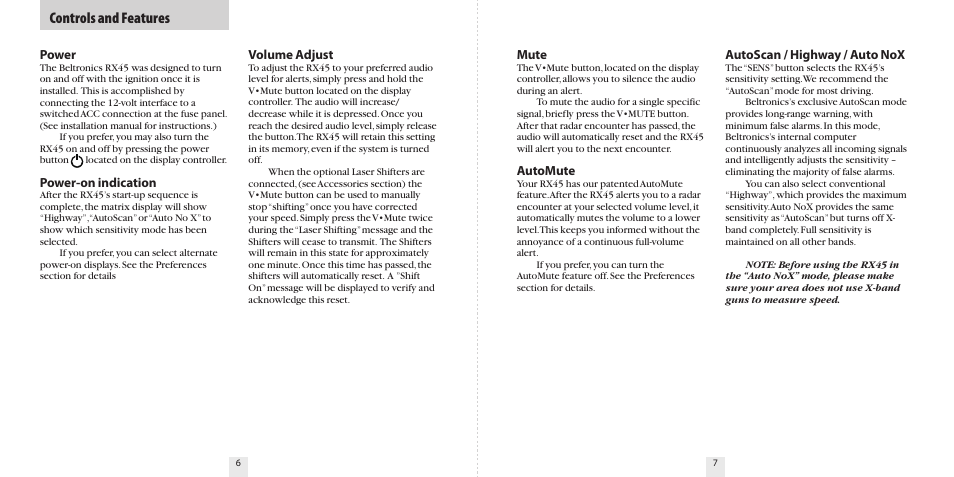 Controls and features | Beltronics RX45 User Manual | Page 5 / 16