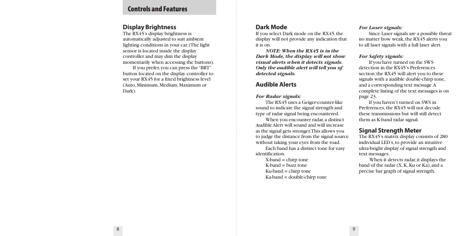 Controls and features, Dark mode, Audible alerts | Signal strength meter, Display brightness | Beltronics RX45 User Manual | Page 6 / 16