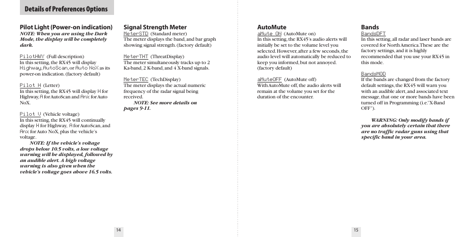 Details of preferences options | Beltronics RX45 User Manual | Page 9 / 16