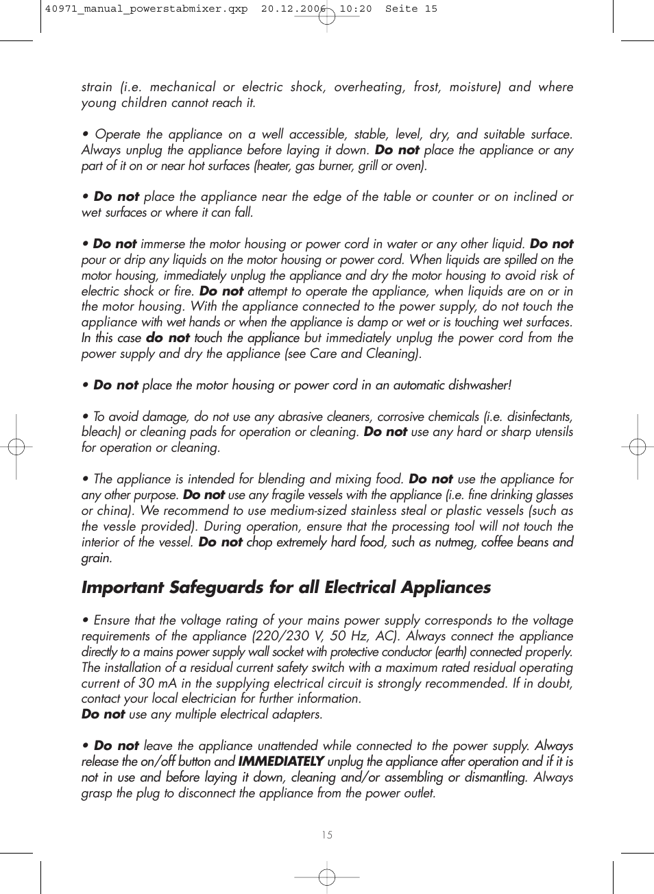 Important safeguards for all electrical appliances | Gastroback 40971 Power Hand Blender Home Culture User Manual | Page 4 / 9