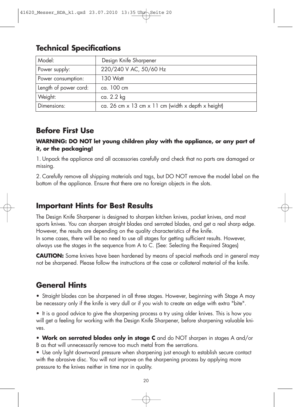 Technical specifications, Before first use, Important hints for best results | General hints | Gastroback 41620 Design Knife Sharpener User Manual | Page 6 / 14