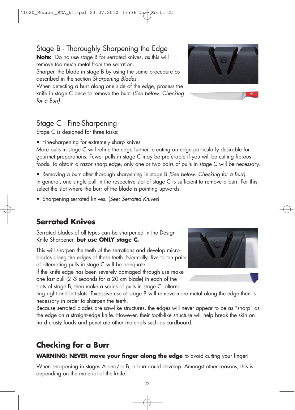 Stage b - thoroughly sharpening the edge, Stage c - fine-sharpening, Serrated knives | Checking for a burr | Gastroback 41620 Design Knife Sharpener User Manual | Page 8 / 14