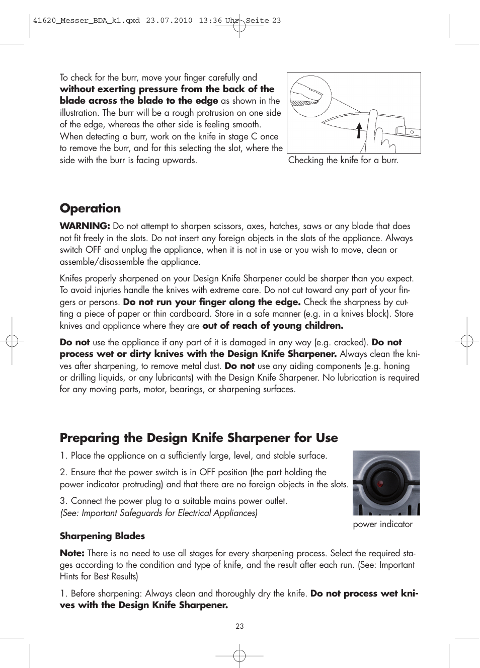 Operation, Preparing the design knife sharpener for use | Gastroback 41620 Design Knife Sharpener User Manual | Page 9 / 14