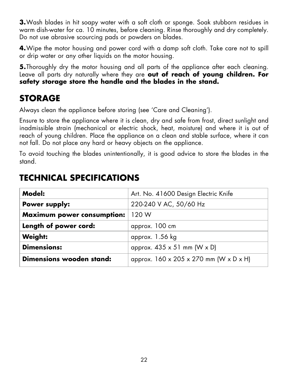 Storage, Technical specifications | Gastroback 41600 Home Culture Design Electric Knife User Manual | Page 10 / 12