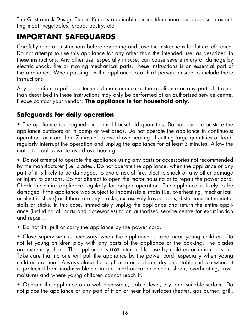 Important safeguards | Gastroback 41600 Home Culture Design Electric Knife User Manual | Page 4 / 12