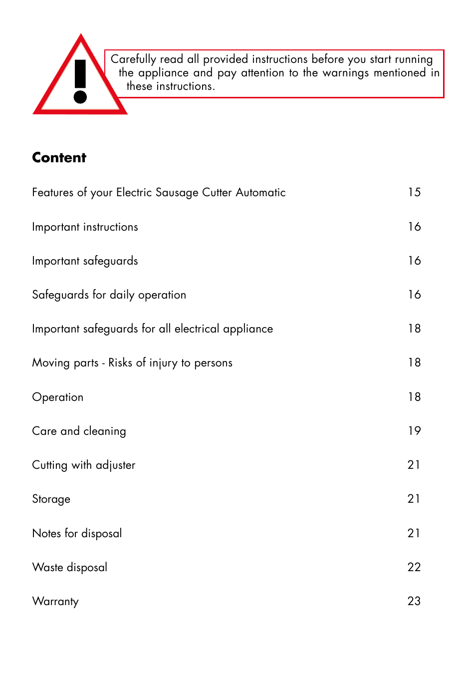Content | Gastroback 41404 Electric Sausage Cutter Automatic User Manual | Page 2 / 10